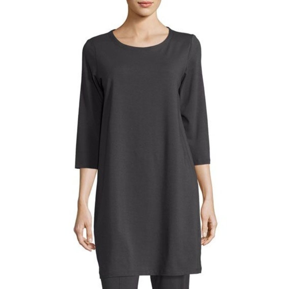 Michael Kors Womens Shift Mini Dress 3/4 Sleeve Round Neck Back Zip Black Sz XS